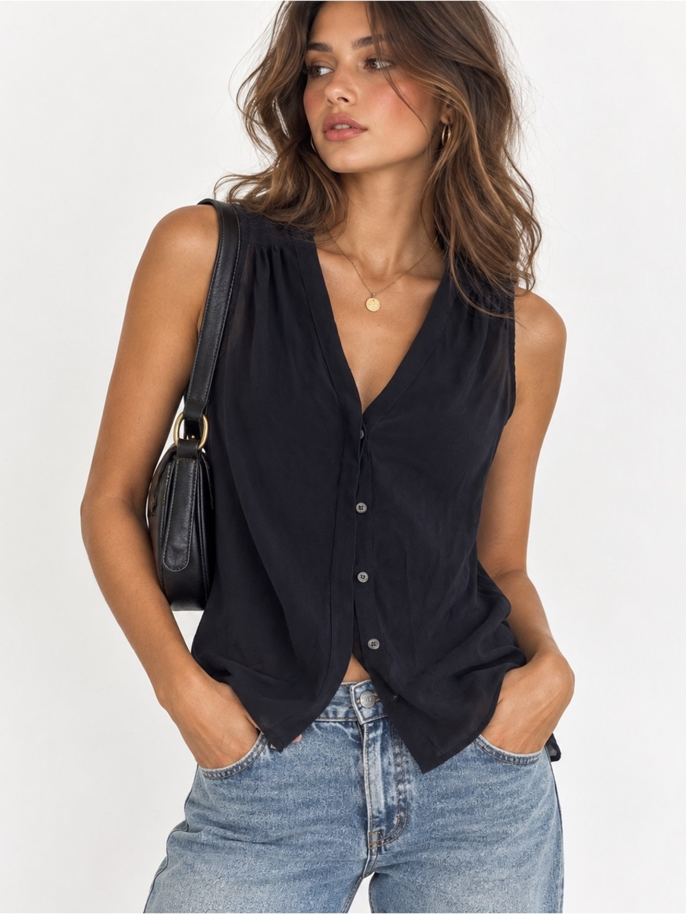 Banana Republic Silk Black Sleeveless Button Front Blouse Petite XS